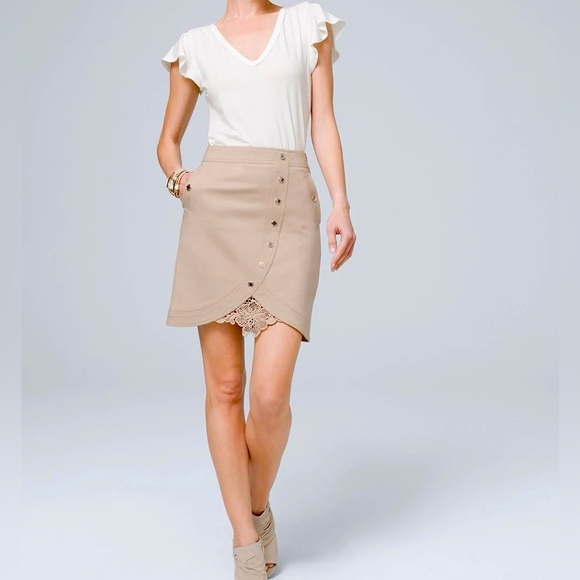 White House Black Market Dresses & Skirts - White House Black Market Khaki Button Front Skirt with Lace Embellishment, sz 8